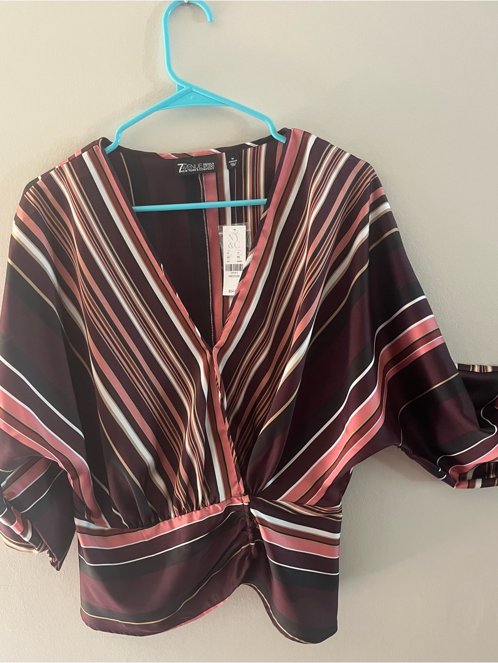 New York & Company Burgundy Pink Striped V-Neck Blouse